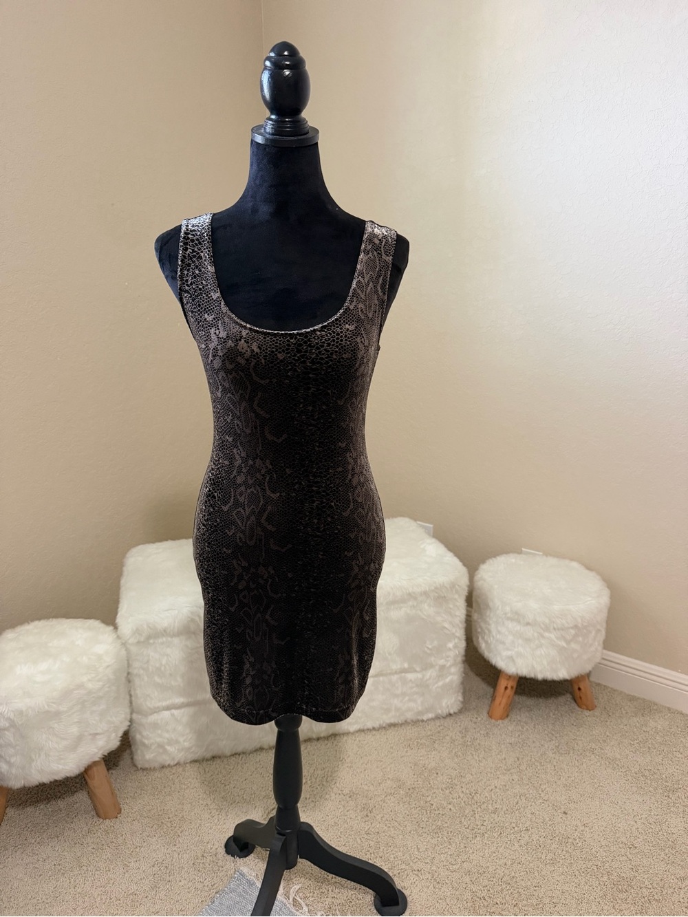 Sleeveless Snake-Print Bodycon Dress in Brown